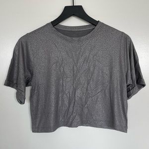 Lulu Lemon flowy/lightweight, cropped, silver shimmer short sleeved top | size S